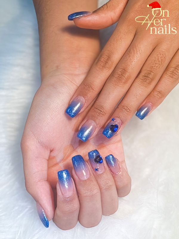 Stunning Blue Ombre Glitter Nails with Heart Charm - On Her Nails