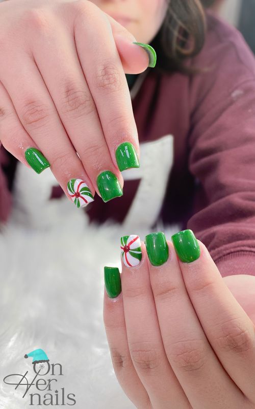 Festive Green Christmas Nails with Candy Cane Art - On Her Nails