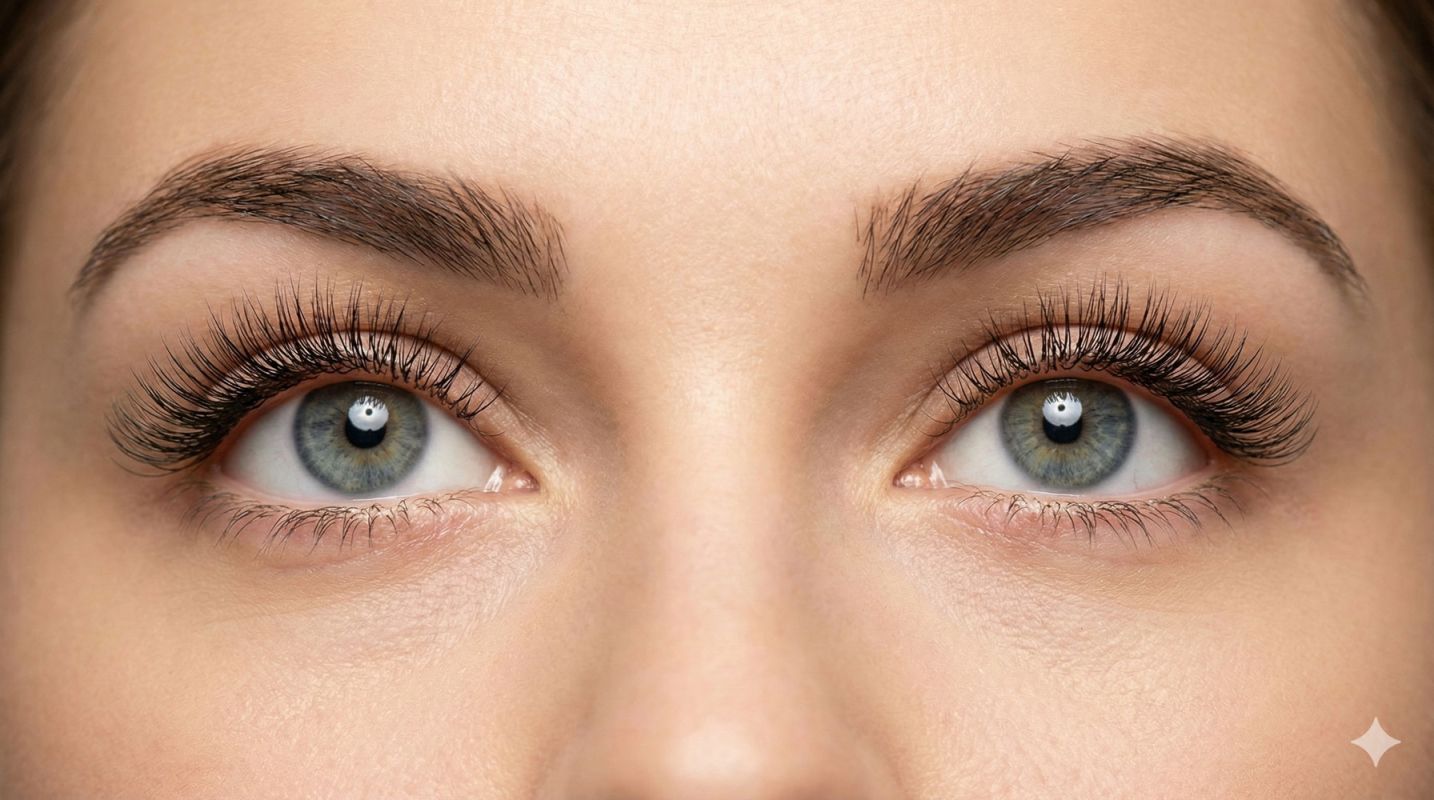 Macro shot of a client's eye featuring Micro-Lift Natural Glam eyelash extensions at On Her Nails North York.